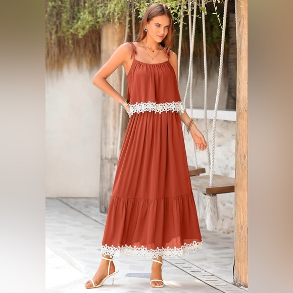 NEW| Boho Sun Dress Tie Spaghetti Strap A Line Ruffle Beach Long Maxi Dres - Picture 2 of 5